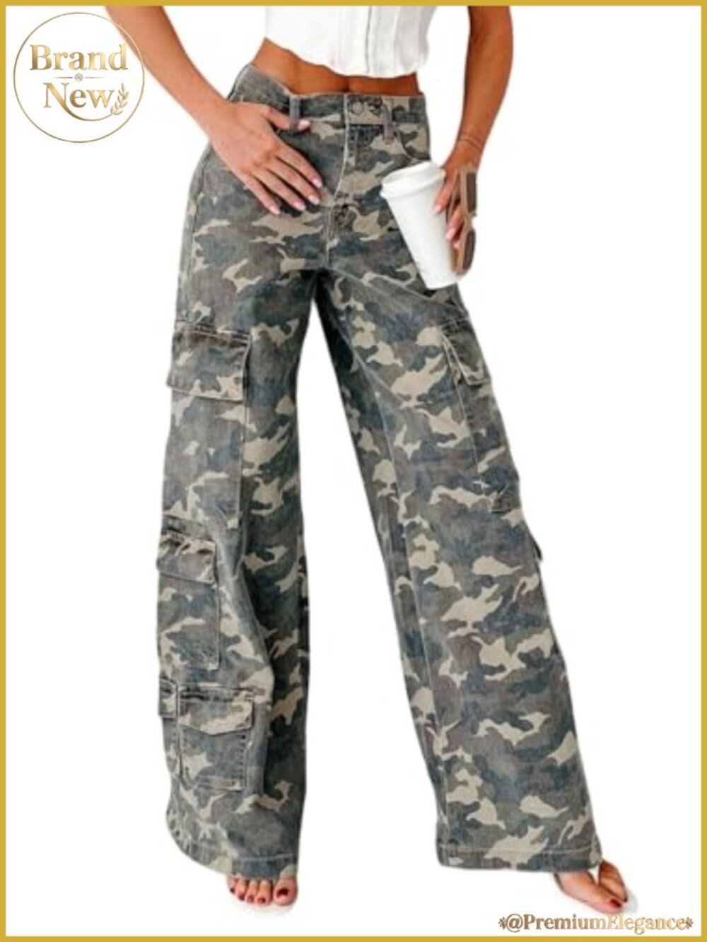 Women's Camo Print Wide Leg Cargo Jeans Y2K Flare Distressed Denim Pants